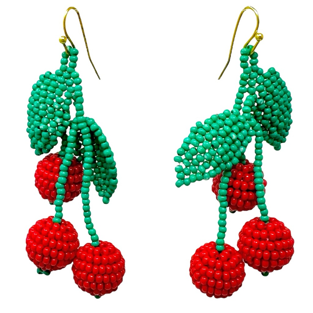Seed Bead Red Cherry Cherries Statement Dangle Earrings